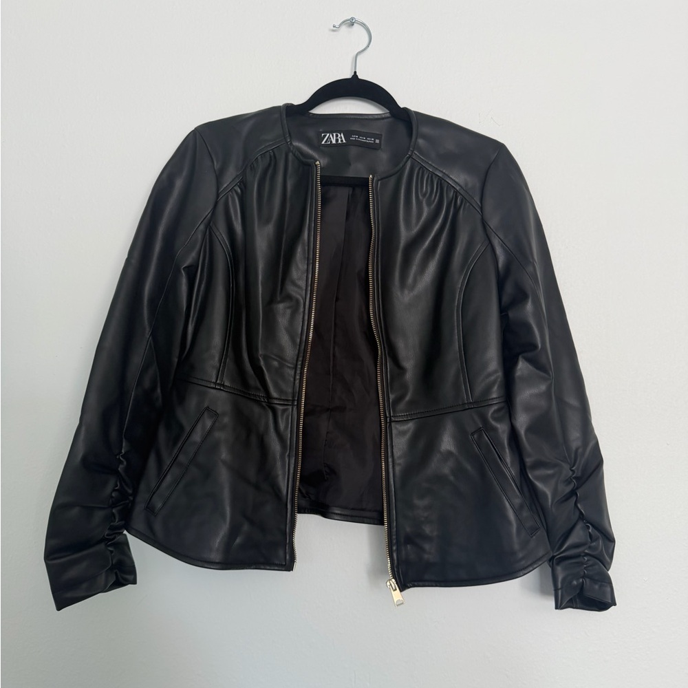 Zara Black Faux Leather Zip-Front Jacket